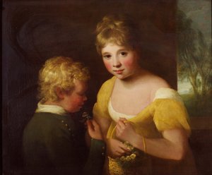 Kaksi lasta kukkakoriin (öljy kankaalle) tekijältä William Tate