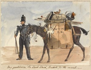 Pakkahevoseni, musta orja, ladattu marssia varten, n. 1854 (akvarelli ja kynä paperille)