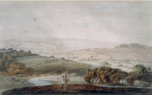 Maanviljelijä kylvää, jokilaakso ja kumpuilevat kukkulat takana tekijältä Joseph Mallord William Turner
