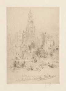 Manhattanin keskusta East Riverin varrelta ja Woolworth Building tekijältä William Walcot