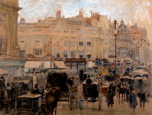 Rush Hour, Oxford Circus (vesiväri, lakka ja bodycolor sävytetylle paperille). tekijältä William Walcot