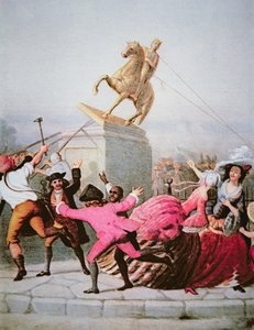 New Yorkin patriootit kaatavat George III:n patsaan Bowling Greenissä 9. heinäkuuta 1776