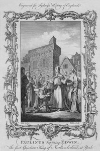 Paulinus kastamassa Edwinin, Northumberlandin ensimmäisen kristityn kuninkaan, Yorkissa vuonna 1773. tekijältä William Walker