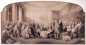 Tieteen merkittävimmät miehet 1807-1808. Kokous Englannin kuninkaallisen tiedeinstituutin kirjastossa. William Walkerin ja Sir John Gilbertin (1817 - 1897) kaiverrus - Eminent Men of Science Elävä vuonna 1807 - Eminent Men of Science
