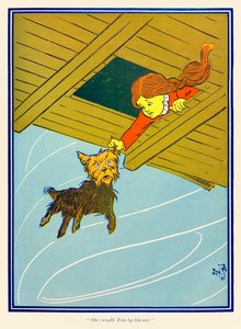Hän tarttui Totoon korvaan. L. Frank Baumin teoksesta The Wonderful Wizard of Oz tekijältä William Wallace Denslow