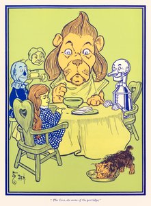 Leijona söi osan puurosta. L. Frank Baumin teoksesta The Wonderful Wizard of Oz (Ozin ihmeellinen velho) tekijältä William Wallace Denslow