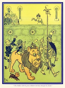 Sotilas, jolla oli vihreät viikset, johti heitä kaduilla. L. Frank Baumin teoksesta The Wonderful Wizard of Oz (Ozin ihmeellinen velho). tekijältä William Wallace Denslow
