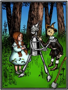 The Wizard of Oz: Denslowin, William Wallacen (1856-1919) piirros Frank Baumin kirjan (1856-1919) ensimmäiseen painokseen vuonna 1900 - Dorothee (Dorothy) auttoi peltimetsästä.
