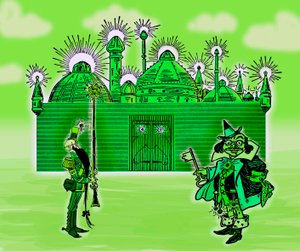 The Wonderful Wizard of Oz - The Wizard of Oz: Denslow, William Wallacen (1856-1915) kolmen kuvan editointi Frank Baumin kirjan (1856-1919) ensimmäiseen painokseen 1900 - Smaragdikaupunki ja sen kaksi vartijaa - väri vihreä , vihreä - Smaragdikaupunki - tekijältä William Wallace Denslow