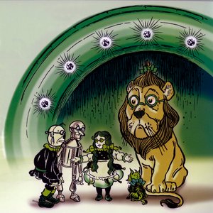 The Wonderful Wizard of Oz - The Wizard of Oz: piirustus Denslow, William Wallace (1856-1915) yhdelle Frank Baumin kirjan ensimmäisistä painoksista (1856-1919) - Emerald City Palacen edessä Dorothee (Dorothy) ja hänen ystävänsä, koira Toto, pelko tekijältä William Wallace Denslow