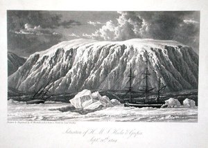 H.M.S. Hecla & Griper, 20. syyskuuta 1819, William Edward Parryn teoksesta "Journal of a Voyage for the Discovery of the North West Passage from Atlantic to Pacific" (vuosina 1819-20), julkaistu 1821 (kaiverrus)