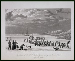 H.M.S. Hecla ja Griperin miehistöt leikkaavat Talvisatamaan 26. syyskuuta 1819, kirjasta "Journal of a Voyage for the Discovery of a North West Passage from the Atlantic to the Pacific performed in t" (päiväkirja matkasta, jonka tarkoituksena oli löytää lu