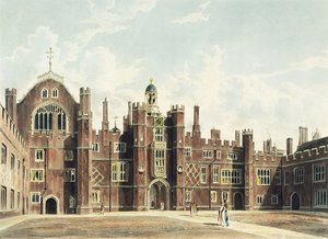 Näkymä Hampton Courtin palatsin nelikulmioon Pynen "Kuninkaallisista asunnoista" Thomas Sutherlandin (s. 1785) kaiverruksesta, julkaistu vuonna 1819 tekijältä William Westall
