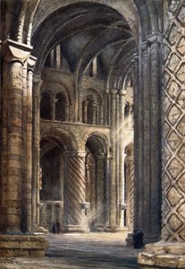 Durham, katedraalin sisäpuoli, joka näyttää laivan poikki etelään päin (väri litho)