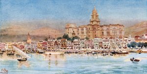 Malaga, näkymä satamasta (väri litho) tekijältä William Wiehe Collins