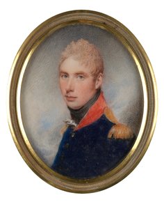 Kapteeni (myöhemmin everstiluutnantti) William Tyrwhitt-Drake (1785-1848), Royal Horse Guards, toukokuu 1809 (miniatyyri norsunluun päällä) tekijältä William Wood