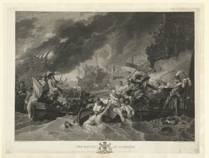 Cape La Hoguen meritaistelu, 1692 Taistelu La Hoguessa (otsikko esineessä) tekijältä William Woollett