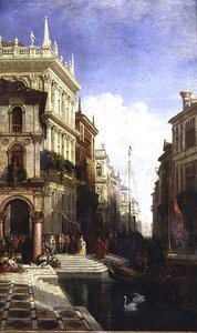 Capriccio-näkymä Venetsiaan prinsessan ollessa esillä gondolille Scuola di San Marcon takaosassa tekijältä William Wyld