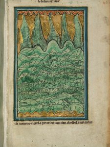 "Nooan tulva", n. 1250 (mustetta ja pigmenttiä pergamentissa) tekijältä William de Brailes