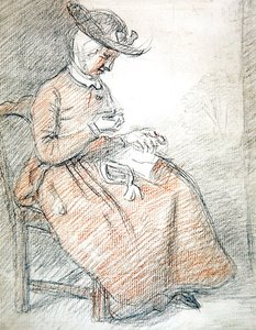 Naisen istuva ompelu (punainen ja musta liitu paperille) tekijältä William of Bath Hoare