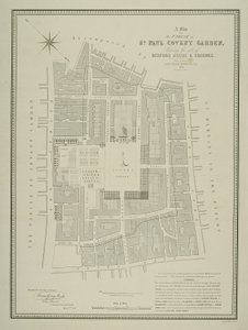 Kartta St. Paulin seurakunnasta Covent Gardenissa, jossa näkyy Bedford Housen ja sen tontti, julkaisija W.P. Metchim, 1686 tekijältä Willian Leybourn