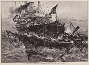 Amerikkalainen sotamies tuhoaa hylkyjä Atlantilla (litografia).