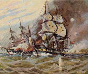 Saksalaisten rantapatterit Eckernförden lähellä, 5. huhtikuuta 1849 (tehostettu värilitro).