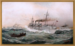 Kaiserliche Marine Griffin, Meteor ja Jagd katselevat rintakaupunkia, Willy Stöwerin kromolitografia 1894, nro 9 G. Wislicenuksesta, Unsre Kriegsmarine.