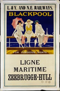 Blackpool, L.& Y. ja N.E. Rautatiet, n. 1930 (litografia väreissä) tekijältä Wilton Williams