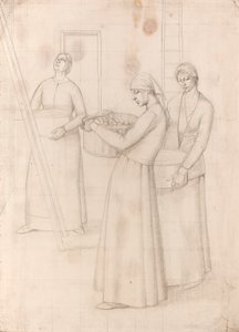 Tutkimus "Design for Wall Decoration" - Kolme naista kantamassa omenakoria, n. 1918 (kynä paperille) tekijältä Winifred Knights
