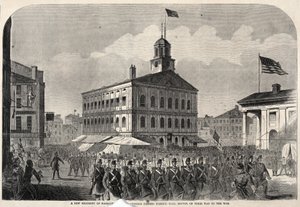 Massachusettsin uusi vapaaehtoisten rykmentti ohittaa Bostonin Faneuil Hallin matkalla sotaan. tekijältä Winslow Homer