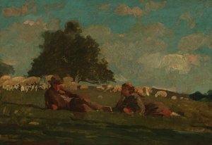 Poika ja tyttö pellolla lampaiden kanssa tekijältä Winslow Homer