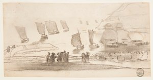 Piirros, Rantakuva, jossa ihmisiä ja kalastusveneitä, Cullercoats, Englanti, 1881-82 tekijältä Winslow Homer