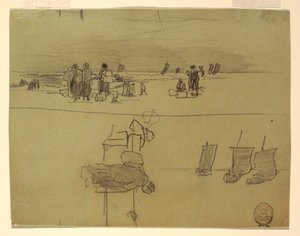 Piirros, Rantakohtaus, jossa naiset kantavat koreja, Cullercoats, Englanti, 1881-82 tekijältä Winslow Homer