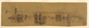 Piirros, Ranta ja neljä kalastusvene, Cullercoats, Englanti, 1881-82. tekijältä Winslow Homer