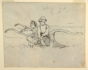 Piirros, Poika ja tyttö istuvat auran päällä, 1879 tekijältä Winslow Homer