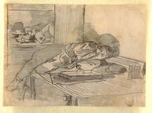 Piirros, Kiinalainen mies polttaa oopiumpiippua, Baxter Streetin klubitalo, New York, n. 1874. tekijältä Winslow Homer