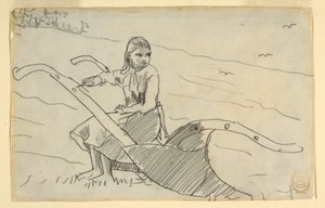 Piirros, Tyttö istuu auran päällä, 1879 tekijältä Winslow Homer