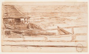 Piirros, Talo kaiteen äärellä ja rantautuneet doryt, Cullercoats, Englanti, 1881. tekijältä Winslow Homer