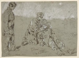 Piirros, sotilas antaa vettä haavoittuneelle toverilleen, 1864 tekijältä Winslow Homer