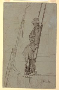 Piirros, Nuori mies nojaa purjeveneen takiloihin, luultavasti 1861-62. tekijältä Winslow Homer