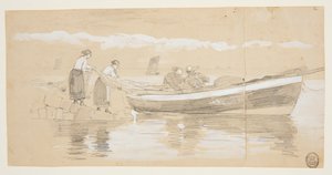 Kalastaja ja naiset varastoivat verkkoja Beached Doryssa, Cullercoatsissa, Englannissa tekijältä Winslow Homer