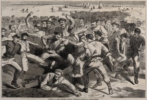 Vapaapäivä leirissä - sotilaat pelaavat "jalkapalloa" tekijältä Winslow Homer