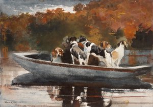 Metsästyskoirat veneessä (odottamassa lähtöä) tekijältä Winslow Homer