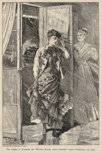 Sisään syöksyi tuulen, sateen ja pärskeiden myrsky - ja Portia, The Galaxy -lehdestä, joulukuu 1869 tekijältä Winslow Homer