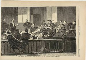 Valamiehiä kuuntelemassa asianajajaa, korkein oikeus, New City Hall, New York tekijältä Winslow Homer
