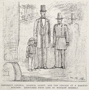 Presidentti Lincoln, kenraali Grant ja Tad Lincoln rautatieasemalla tekijältä Winslow Homer
