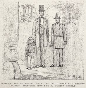 Presidentti Lincoln, kenraali Grant ja Tad Lincoln rautatieasemalla, 1887. tekijältä Winslow Homer