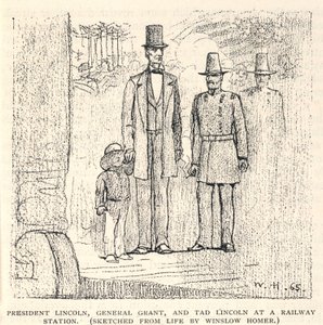Presidentti Lincoln, kenraali Grant ja Tad Lincoln rautatieasemalla, The Century Magazine, marraskuu 1887. tekijältä Winslow Homer