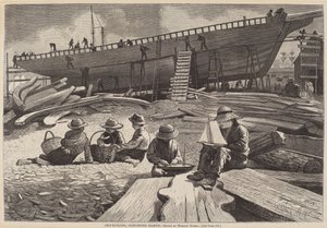 Ship-Building, Gloucesterin satama, julkaistu 1873. tekijältä Winslow Homer